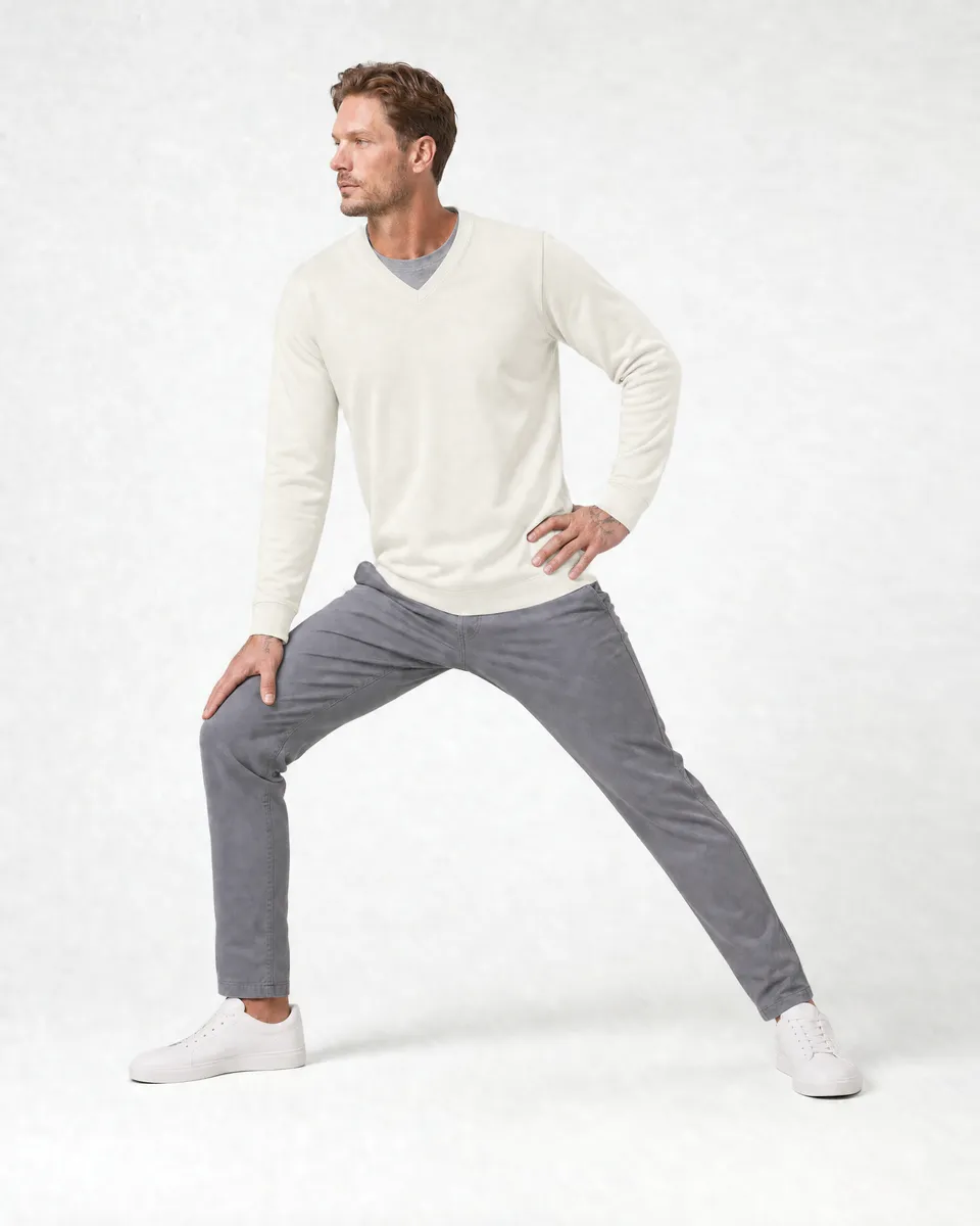 StringKing Men's Pima Terry V-Neck Sweater - Relaxed Fit, Tofu, Full Front Angle - Human Model