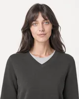 StringKing Women's Pima Terry V-Neck Sweater - Relaxed Fit, Peat, Collar Shoulder - Human Model