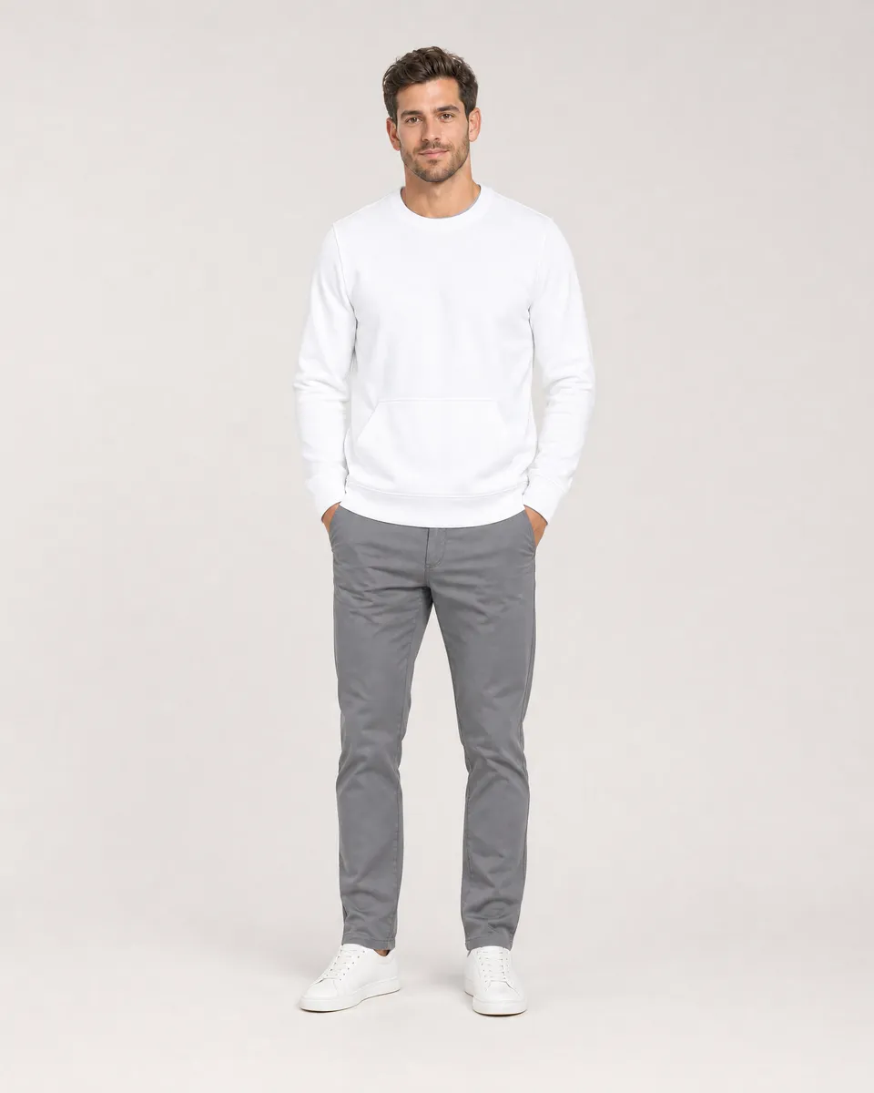 StringKing Men's Pima Terry Crew Sweatshirt - Sharp Fit, White, Full Front - Human Model