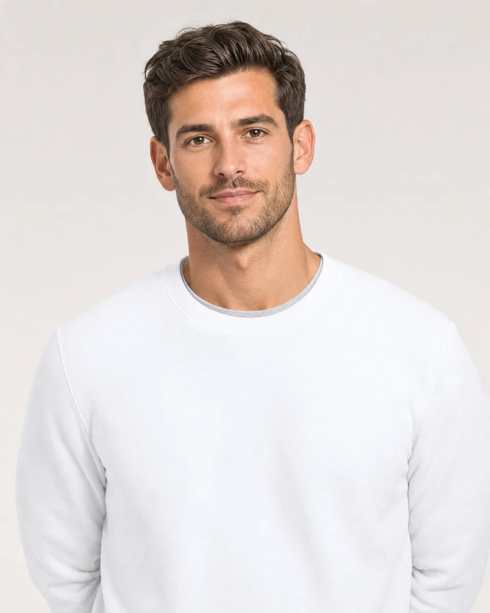 StringKing Men's Pima Terry Crew Sweatshirt - Sharp Fit, White, Collar Shoulder - Human Model