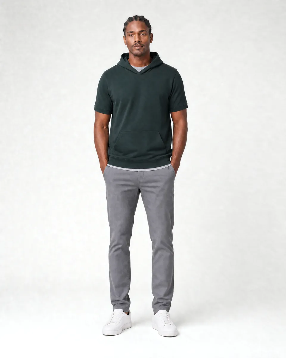 StringKing Men's Pima Terry Short Sleeve Hoodie - Sharp Fit, Pine Grove, Full Front - Human Model