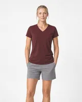 StringKing Women's Pima Jersey V-Neck Tee - Sharp Fit, New Maroon, Full Front - Human Model - Top of head to Knees