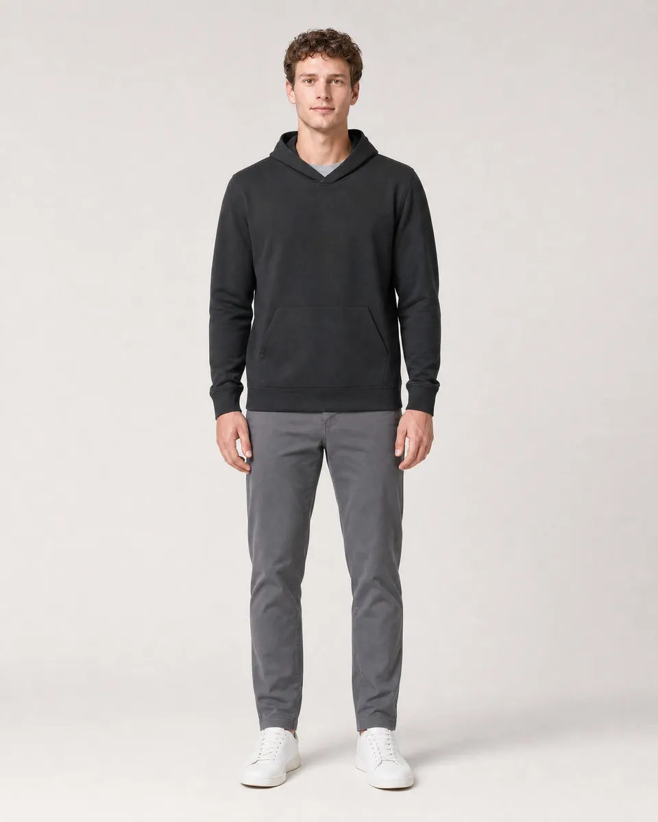 StringKing Men's Pima Terry Hoodie - Sharp Fit, Black, Full Front - Human Model