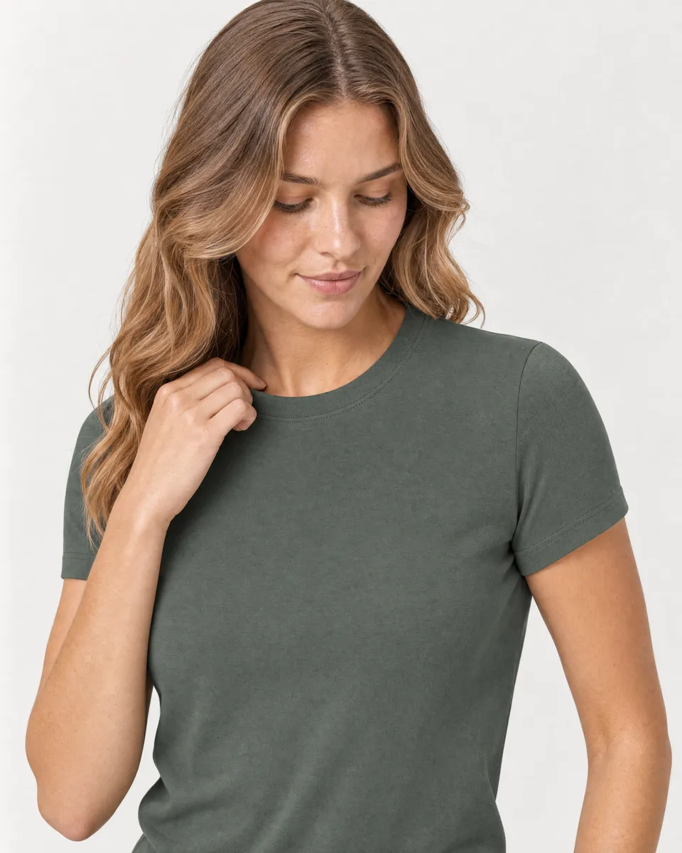 StringKing Women's Pima Terry Tee - Sharp Fit, Moss, Collar Shoulder - Human Model