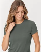 StringKing Women's Pima Terry Tee - Sharp Fit, Moss, Collar Shoulder - Human Model
