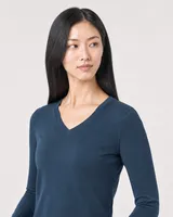 StringKing Women's Pima Jersey Long Sleeve V-Neck Tee - Sharp Fit, Navy, Collar Shoulder - Human Model
