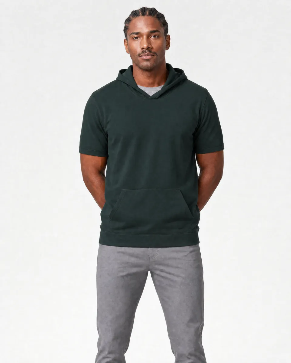 StringKing Men's Pima Terry Short Sleeve Hoodie - Sharp Fit, Pine Grove, Full Front - Human Model - Top of head to Knees