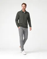 StringKing Men's Pima Terry Long Sleeve Polo - Sharp Fit, Moss, Full Front Angle - Human Model