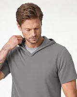 StringKing Men's Pima Terry Short Sleeve Hoodie - Sharp Fit, Frost Gray, Collar Shoulder - Human Model