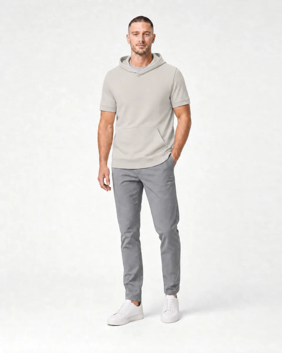 StringKing Men's Pima Terry Short Sleeve Hoodie - Relaxed Fit, Moonstruck, Full Front - Human Model