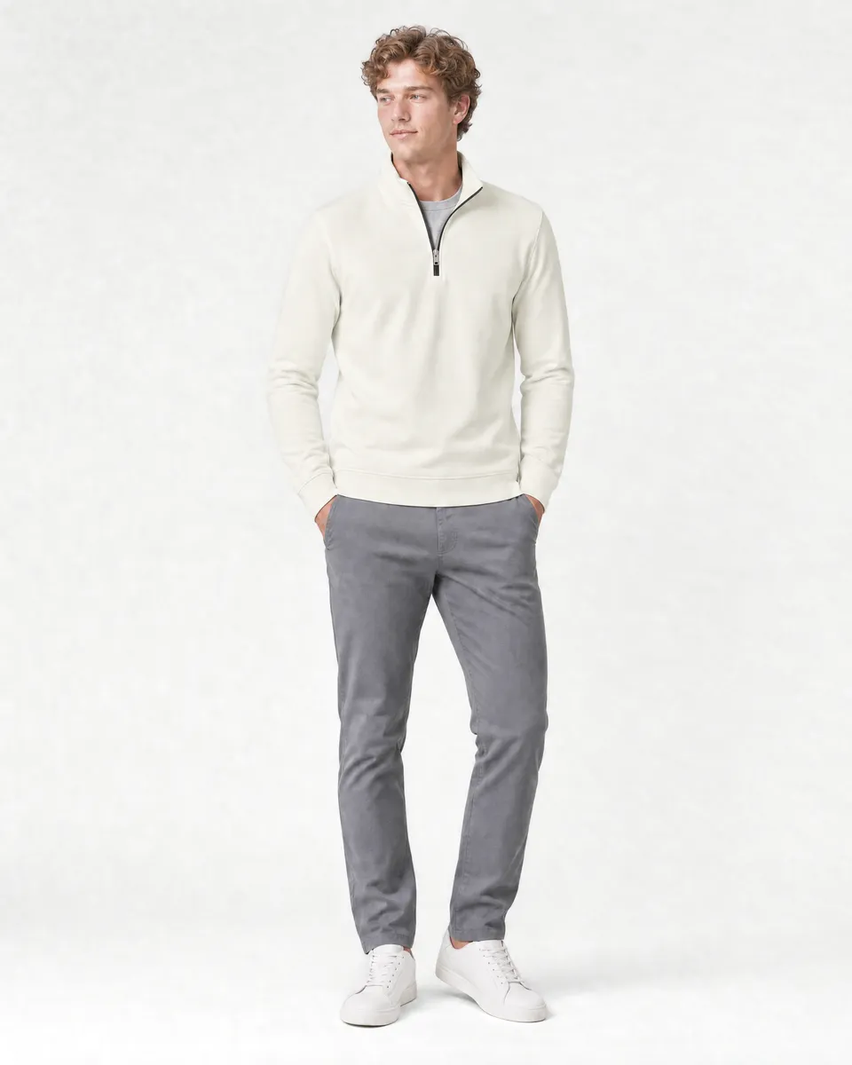 StringKing Men's Pima Terry Quarter Zip - Sharp Fit, Tofu, Full Front - Human Model - Top of head to Knees