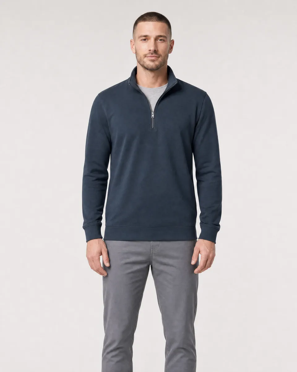 StringKing Men's Pima Terry Quarter Zip - Sharp Fit, Navy, Full Front - Human Model - Top of head to Knees