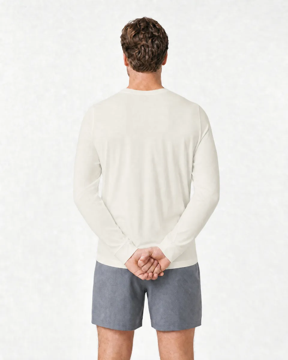 StringKing Men's Pima Jersey Long Sleeve V-Neck Tee - Relaxed Fit, Tofu, Full Back - Human Model - Top of head to Mid-thigh