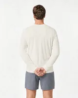 StringKing Men's Pima Jersey Long Sleeve V-Neck Tee - Relaxed Fit, Tofu, Full Back - Human Model - Top of head to Mid-thigh