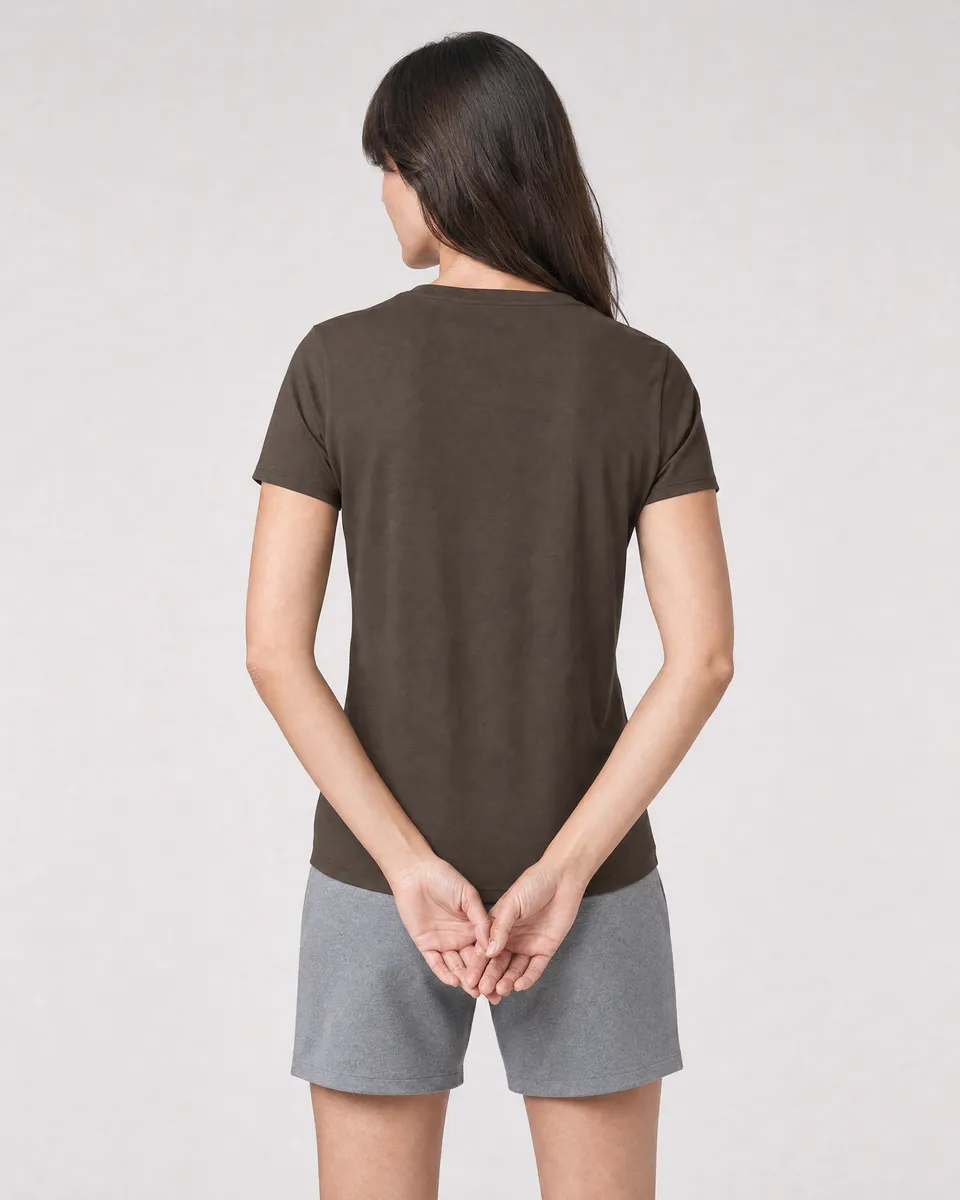 StringKing Women's Pima Jersey Tee - Sharp Fit, Wren, Full Back - Human Model - Top of head to Mid-thigh