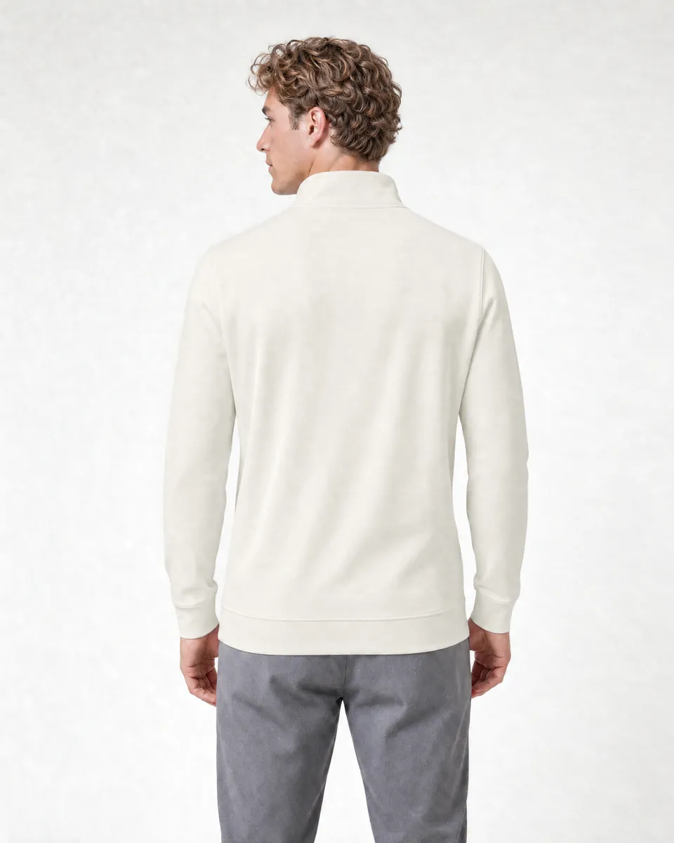 StringKing Men's Pima Terry Quarter Zip - Sharp Fit, Tofu, Full Back - Human Model - Top of head to Mid-thigh