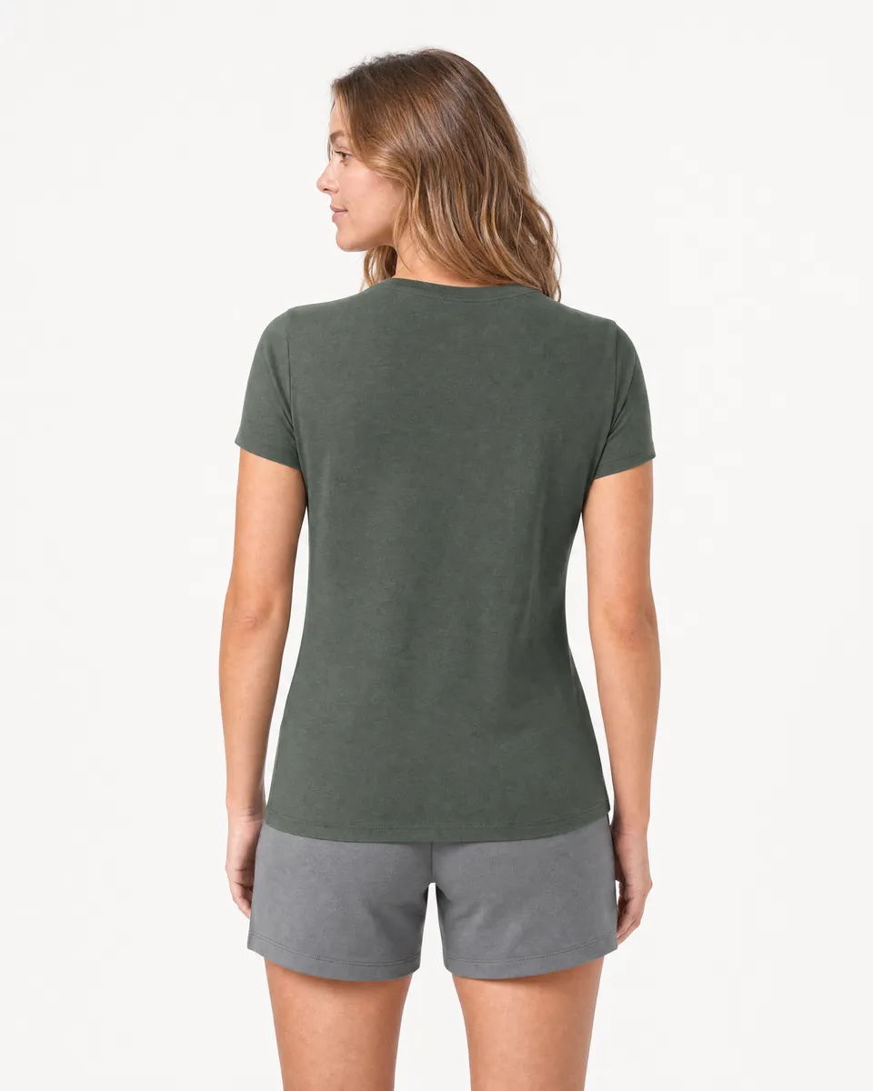 StringKing Women's Pima Terry Tee - Sharp Fit, Moss, Full Back - Human Model - Top of head to Mid-thigh