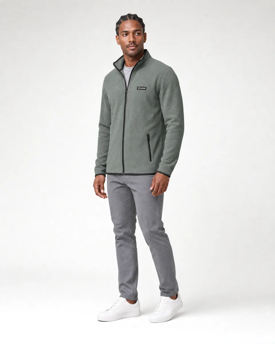 StringKing Men's Polartec Fleece Full Zip with Pockets - Sharp Fit, Avenue Green, Full Front Angle - Human Model