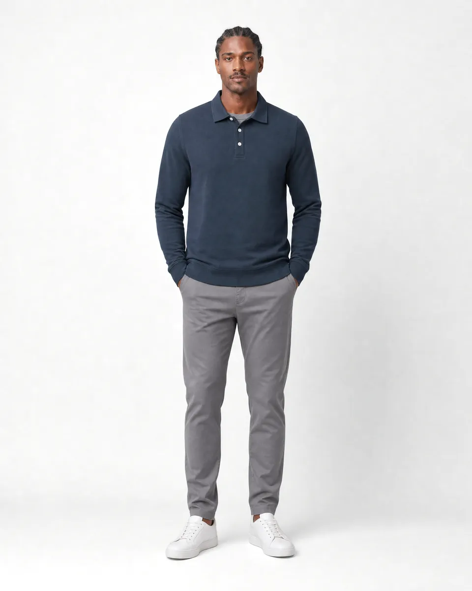 StringKing Men's Pima Terry Long Sleeve Polo - Relaxed Fit, Navy, Full Front - Human Model