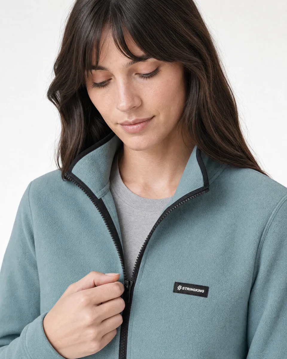 StringKing Women's Polartec Fleece Full Zip with Pockets - Sharp Fit, Slate, Collar Shoulder - Human Model