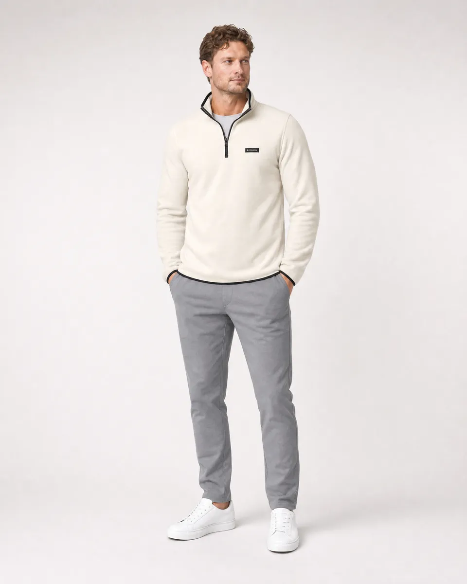 StringKing Men's Polartec Fleece Quarter Zip - Relaxed Fit, Jet Stream, Full Front - Human Model - Top of head to Knees