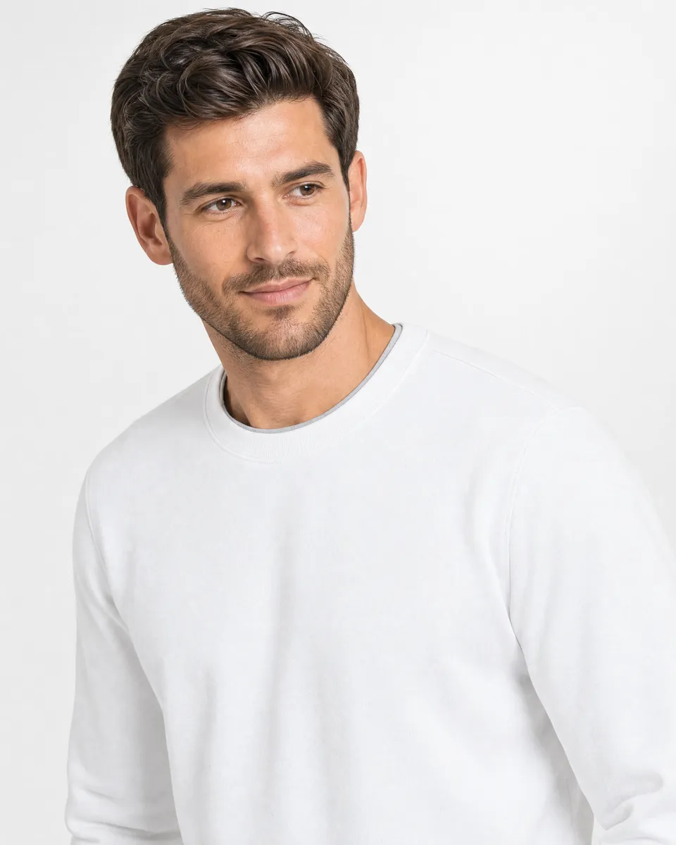 StringKing Men's Pima Terry Crew Sweater - Sharp Fit, White, Collar Shoulder - Human Model