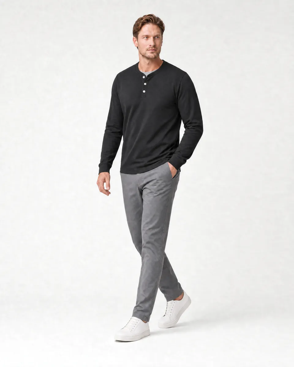StringKing Men's Pima Jersey Henley - Sharp Fit, Black, Full Front Angle - Human Model