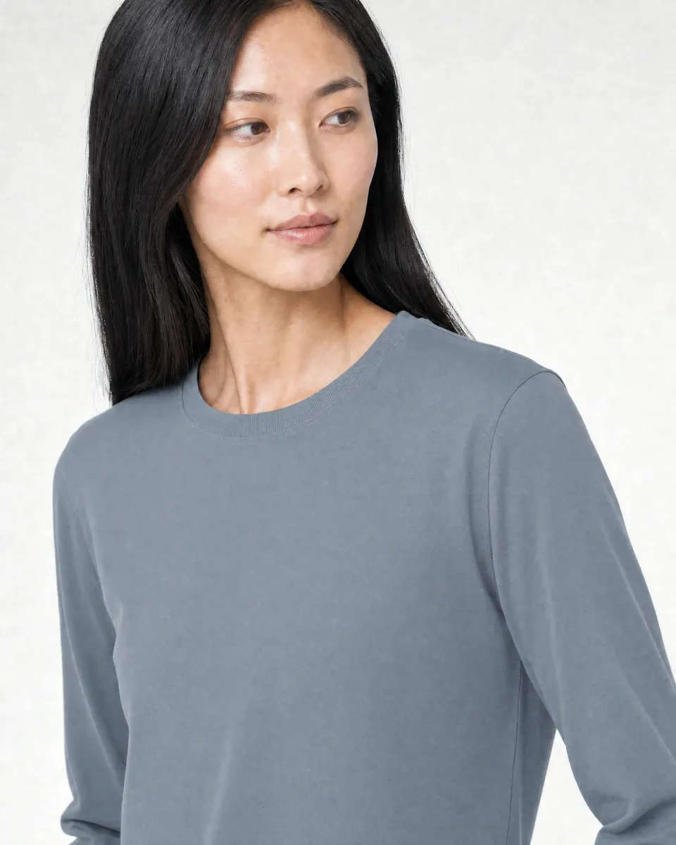 StringKing Women's Pima Terry Long Sleeve Tee - Sharp Fit, Tradewinds, Collar Shoulder - Human Model