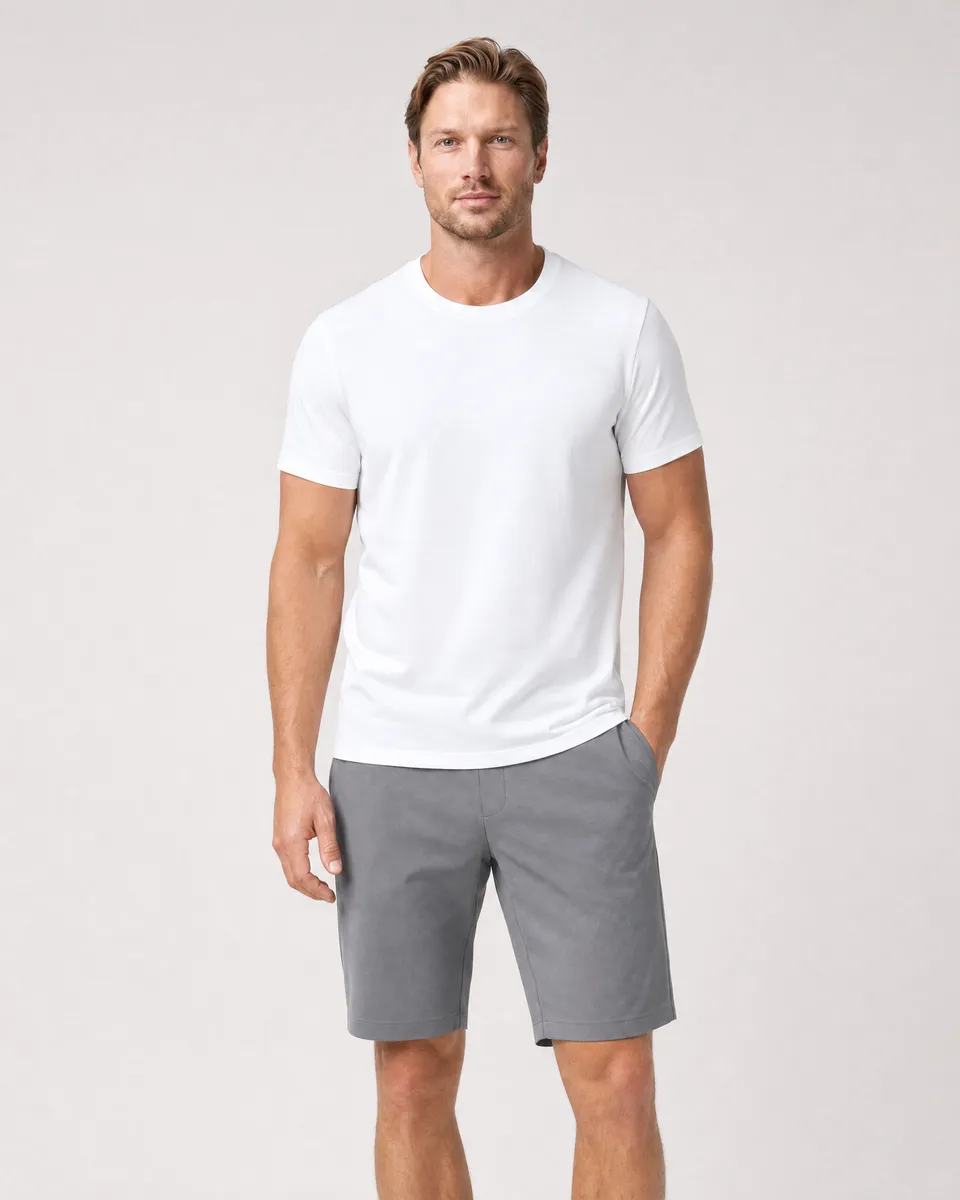 StringKing Men's Pima Jersey Tee - Sharp Fit, White, Full Front - Human Model - Top of head to Knees