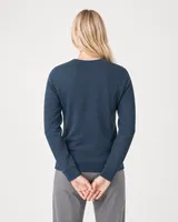 StringKing Women's Pima Terry V-Neck Sweater - Sharp Fit, Navy, Full Back - Human Model - Top of head to Mid-thigh