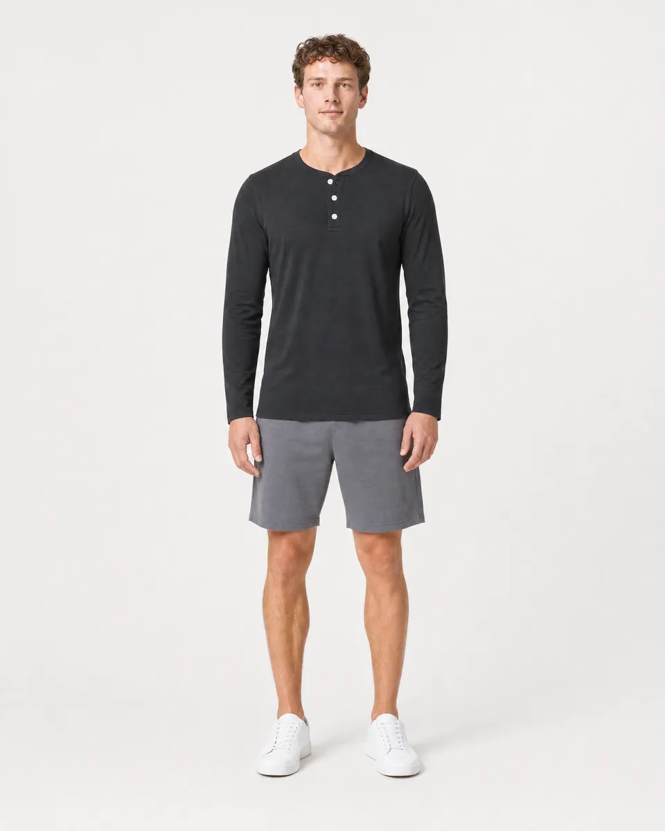 StringKing Men's Pima Jersey Henley - Sharp Fit, Black, Full Front - Human Model