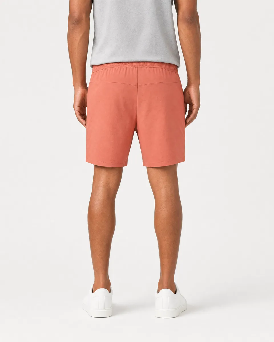 StringKing Men's Nylon Flex Game Shorts - Sharp Fit, Crabapple, Full Back - Human Model - Chest to Feet