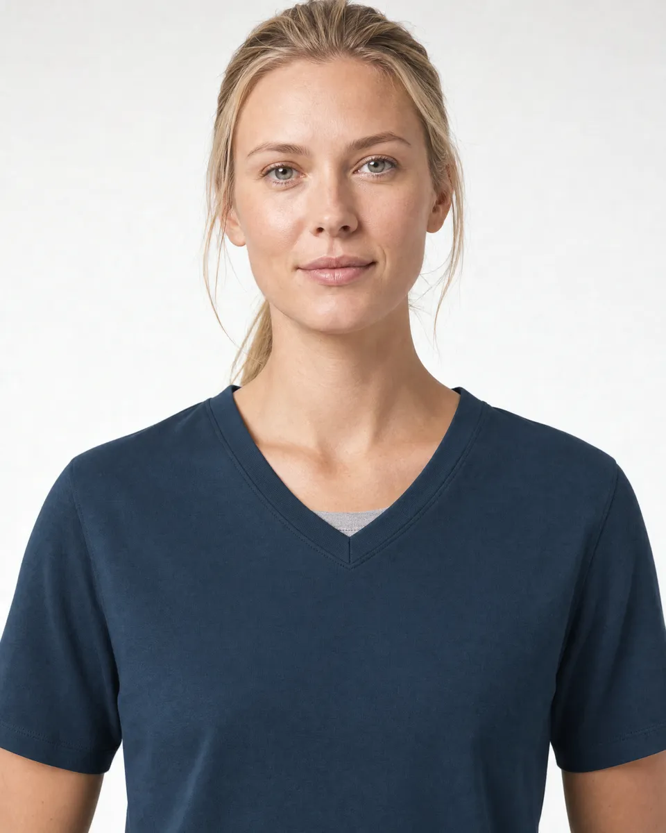 StringKing Women's Pima Terry V-Neck Tee - Relaxed Fit, Navy, Collar Shoulder - Human Model