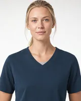 StringKing Women's Pima Terry V-Neck Tee - Relaxed Fit, Navy, Collar Shoulder - Human Model