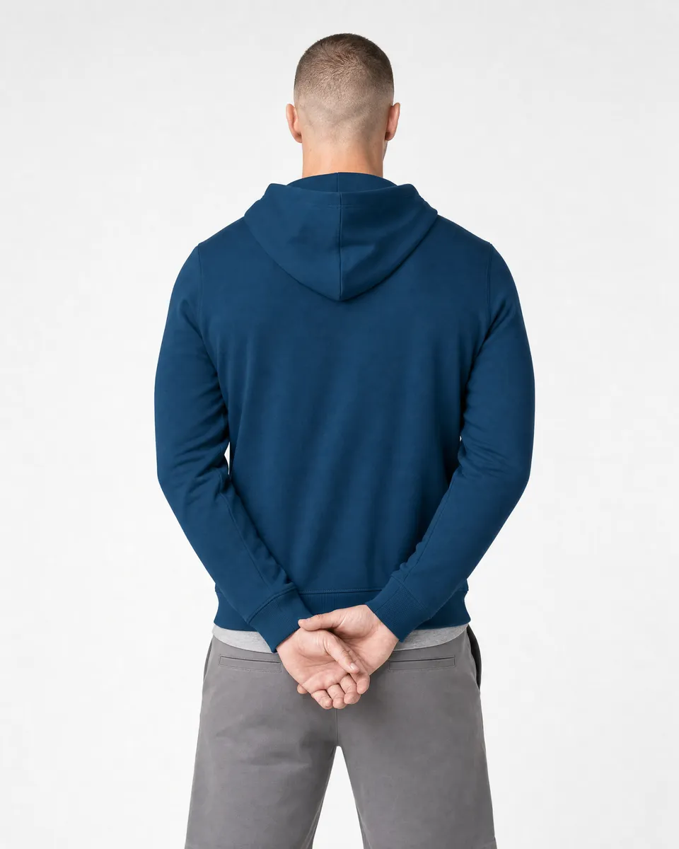 StringKing Men's StayWarm Hoodie - Sharp Fit, Navy Blue, Full Back - Human Model - Top of head to Mid-thigh