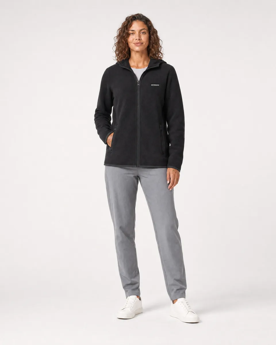 StringKing Women's Polartec Fleece Full Zip Hoodie with Pockets - Relaxed Fit, Meteorite, Full Front - Human Model