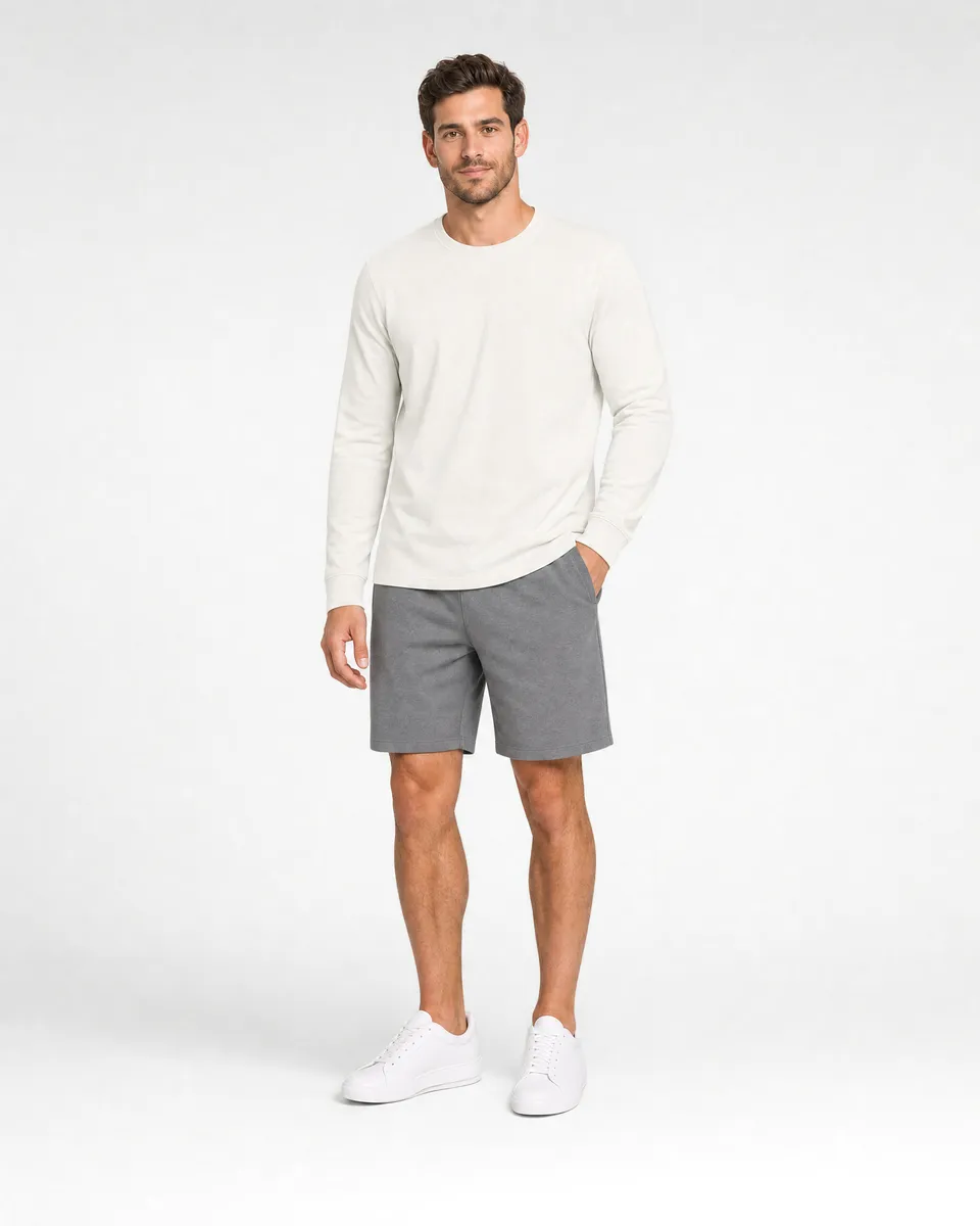 StringKing Men's Pima Terry Long Sleeve Tee - Relaxed Fit, Tofu, Full Front - Human Model