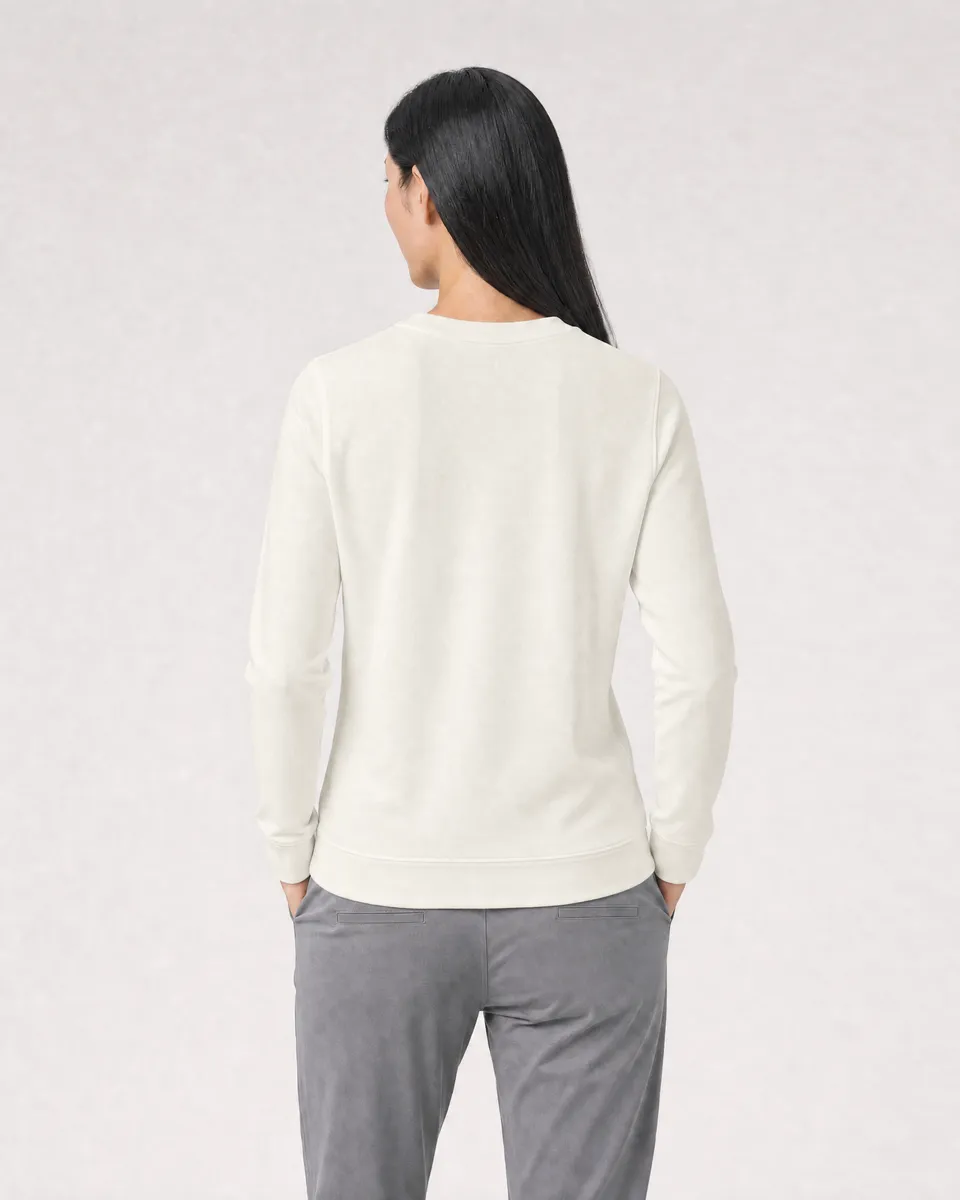 StringKing Women's Pima Terry Crew Sweater - Sharp Fit, Tofu, Full Back - Human Model - Top of head to Mid-thigh