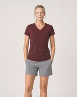 StringKing Women's Pima Jersey V-Neck Tee - Sharp Fit, New Maroon, Full Front - Human Model - Top of head to Knees