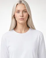 StringKing Women's Pima Jersey Long Sleeve Tee - Relaxed Fit, White, Collar Shoulder - Human Model