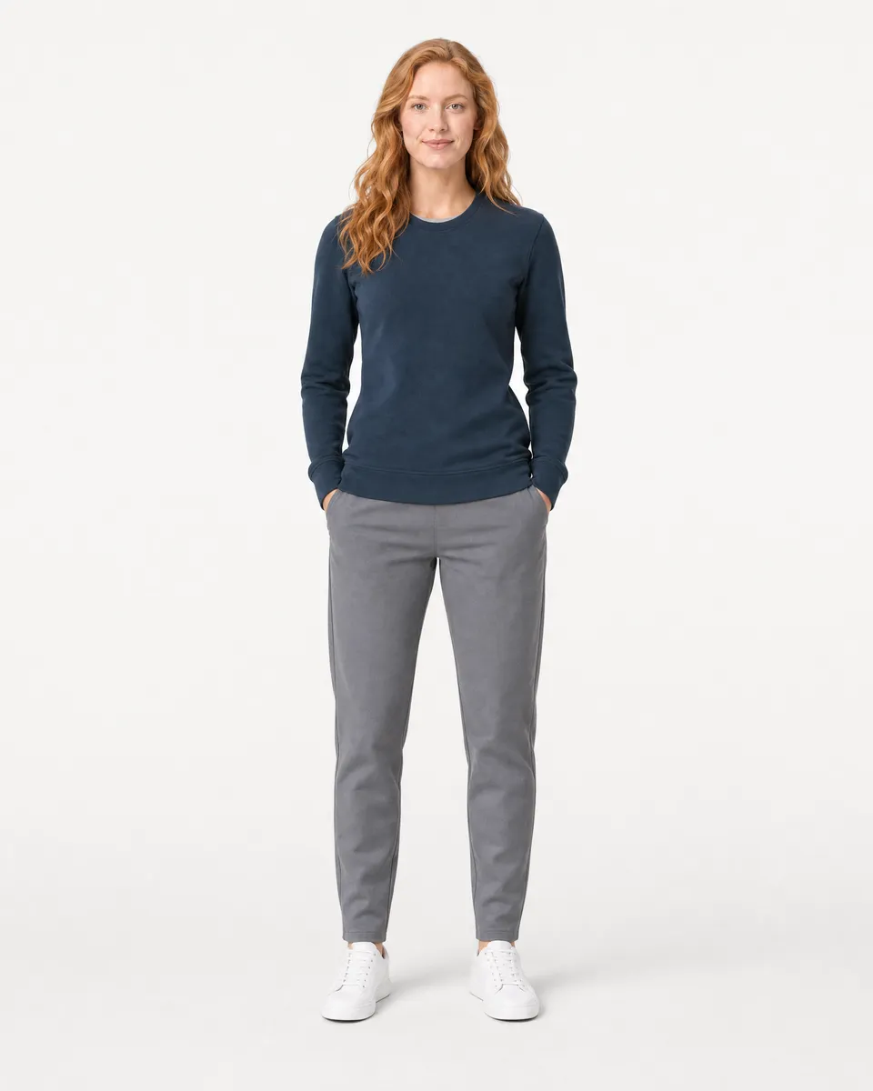 StringKing Women's Pima Terry Crew Sweater - Sharp Fit, Navy, Full Front - Human Model
