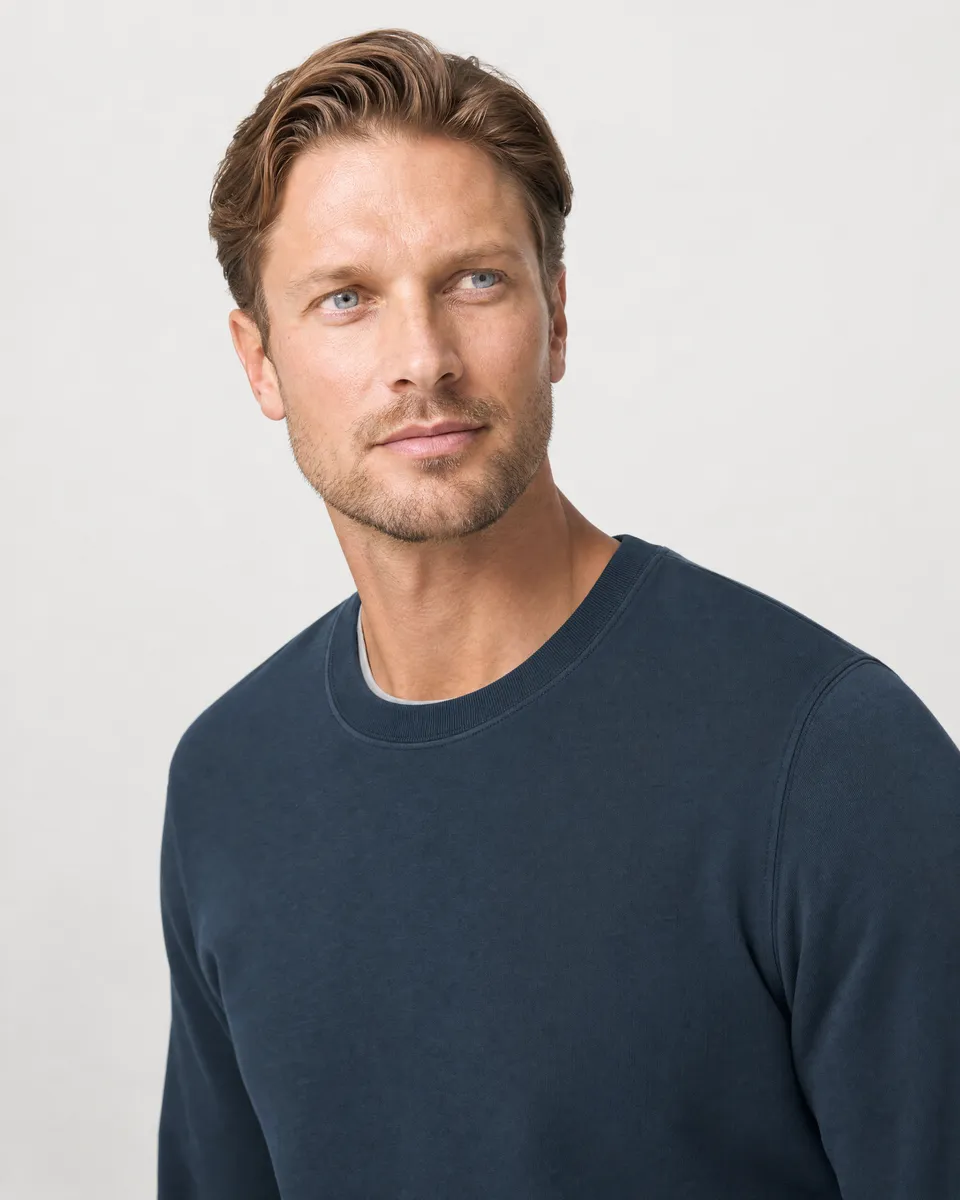 StringKing Men's Pima Terry Crew Sweatshirt - Relaxed Fit, Navy, Collar Shoulder - Human Model