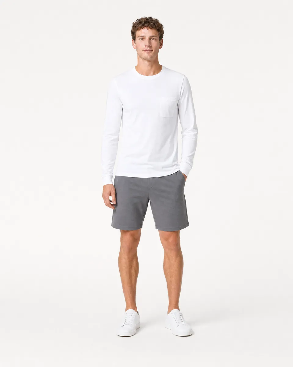 StringKing Men's Pima Jersey Long Sleeve Pocket Tee - Sharp Fit, White, Full Front - Human Model
