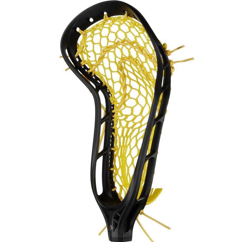 StringKing Women's Mark 2 Defense Lacrosse Head Strung Face Angle View Black Yellow