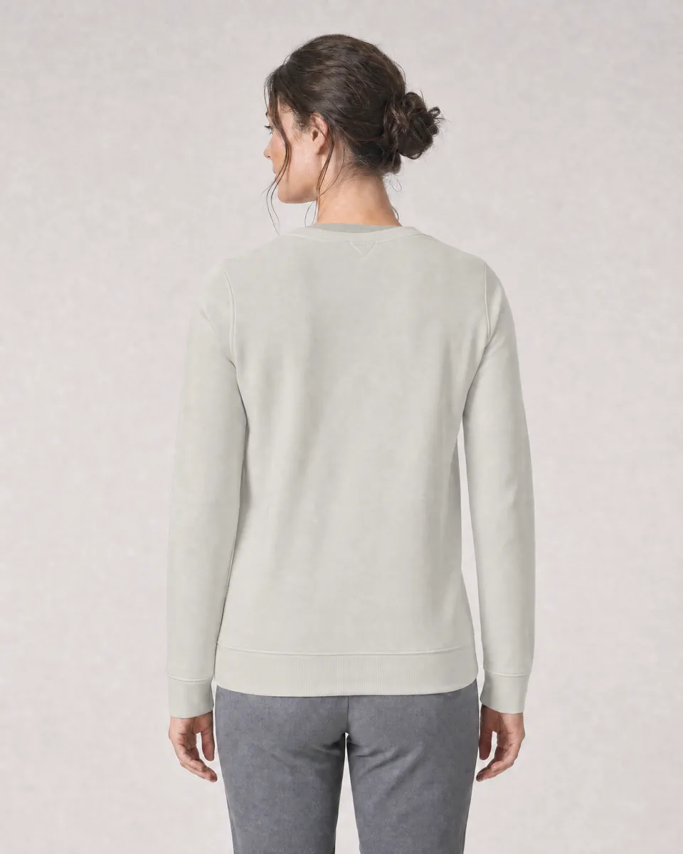 StringKing Women's Pima Terry V-Neck Sweater - Sharp Fit, Moonstruck, Full Back - Human Model - Top of head to Mid-thigh