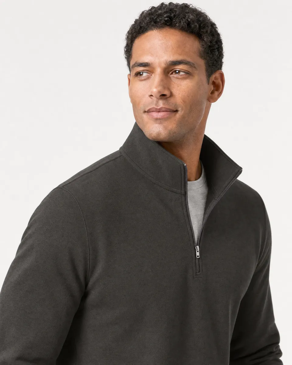 StringKing Men's Pima Terry Quarter Zip - Sharp Fit, Peat, Collar Shoulder - Human Model