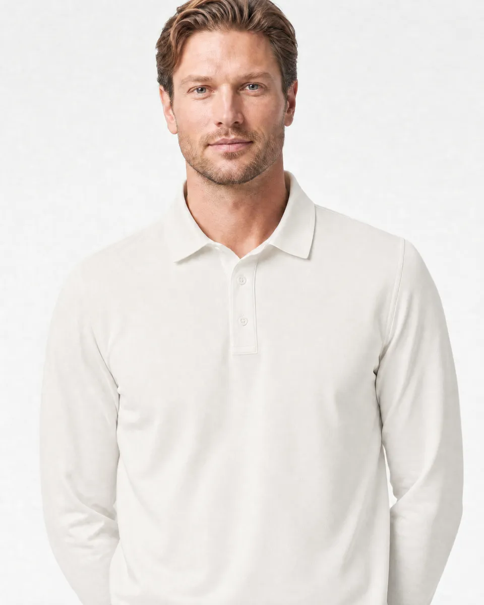 StringKing Men's Pima Jersey Long Sleeve Polo - Sharp Fit, Tofu, Collar Shoulder - Human Model