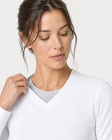 StringKing Women's Pima Terry V-Neck Sweater - Sharp Fit, White, Collar Shoulder - Human Model