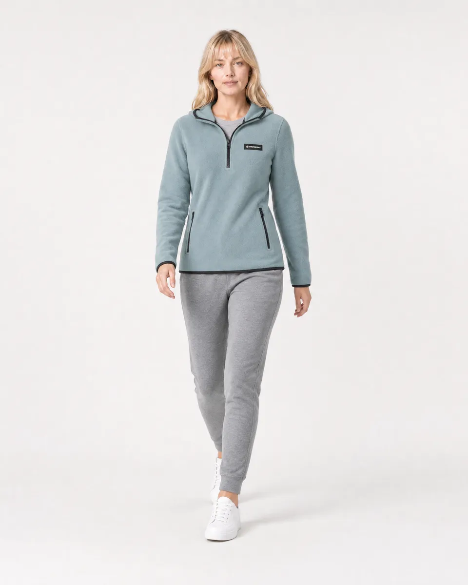StringKing Women's Polartec Fleece Quarter Zip Hoodie with Pockets - Sharp Fit, Slate, Full Front Angle - Human Model