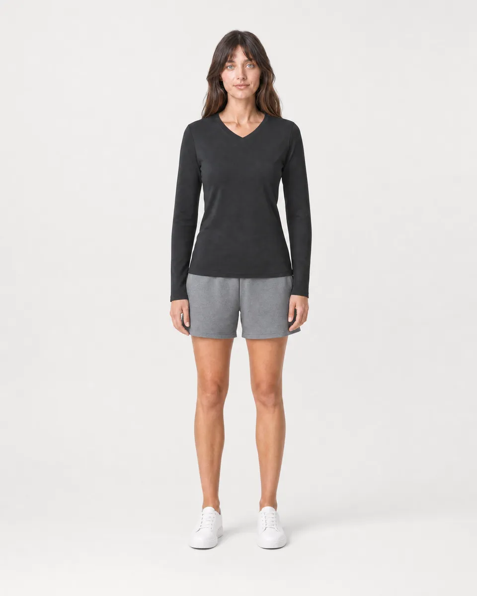 StringKing Women's Pima Jersey Long Sleeve V-Neck Tee - Sharp Fit, Black, Full Front - Human Model